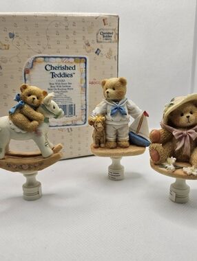 New 3 1994 Cherished Teddies Lamp Finials Sailor Rocking Horse Girl Figurine set